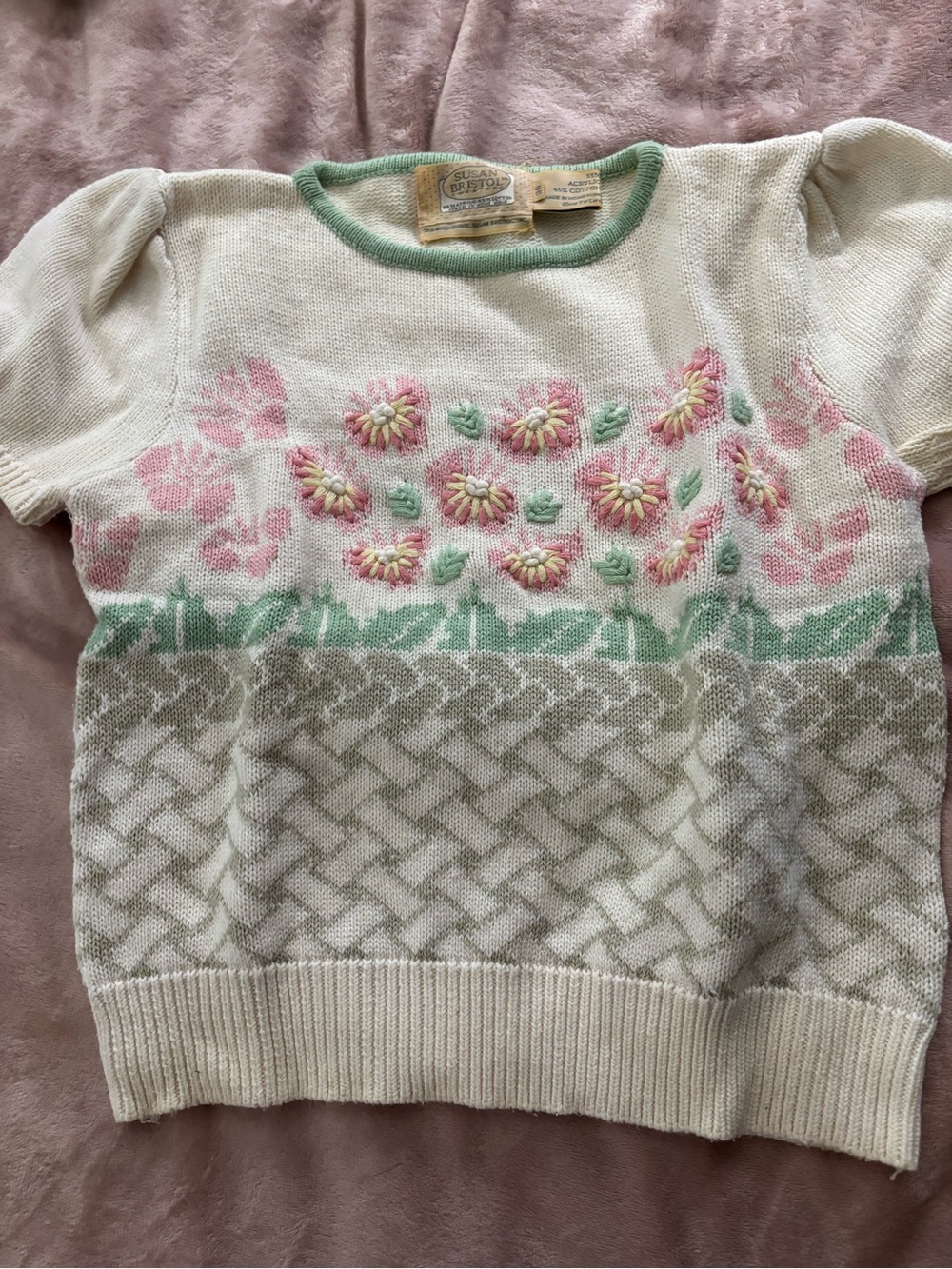 Sussan Cream Knit Sweater with Pink Floral Embroidery and Green Trim